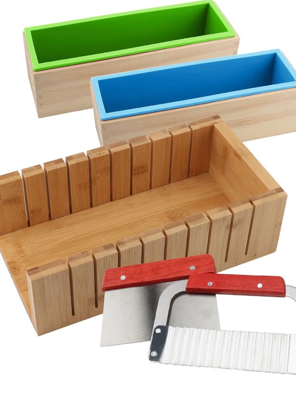 Soap making Kit with Green and Blue Silicone Liners and Wooden Slicing Trays